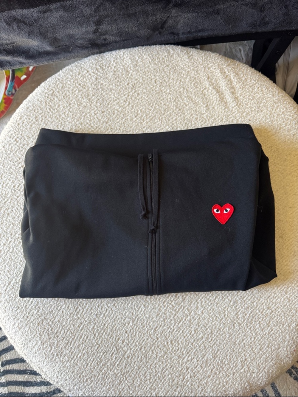 Comme des Garçons Black Zip-Up Jacket with Red Heart Patch